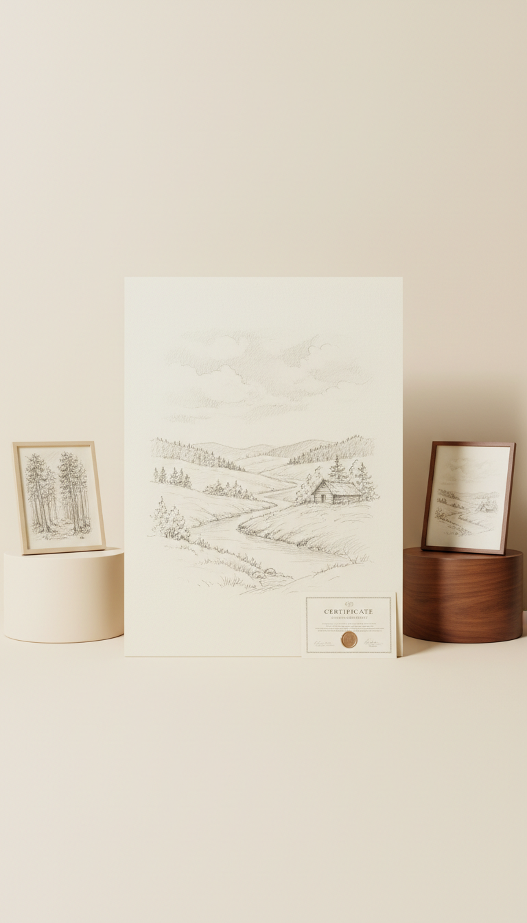 Hand-drawn landscape original artwork in pencil