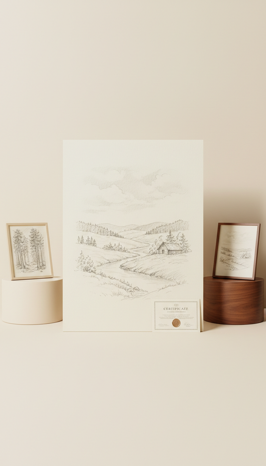 Hand-drawn landscape original artwork in pencil